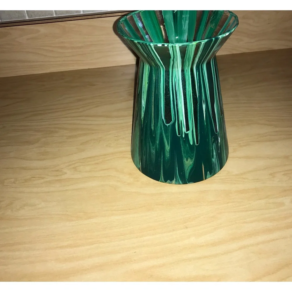 Hand made artisan glass  painted green flower vase